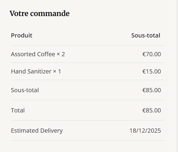 Checkout view with delivery information