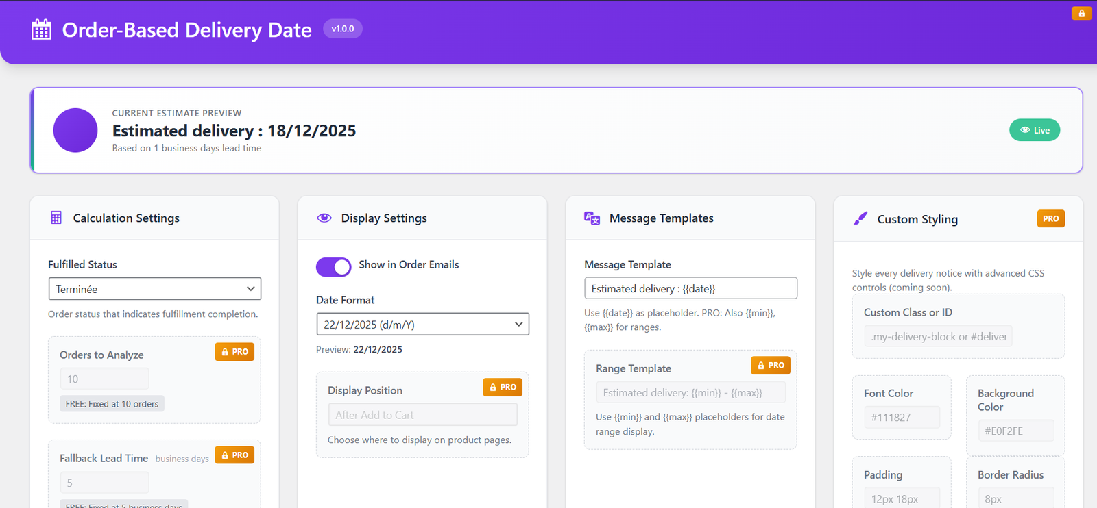 DeliveryDate settings inside WooCommerce admin